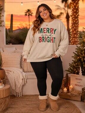 🔥 Holiday Time “Merry & Bright” Graphic Sweatshirt | XL 16-18 | Cozy Christmas